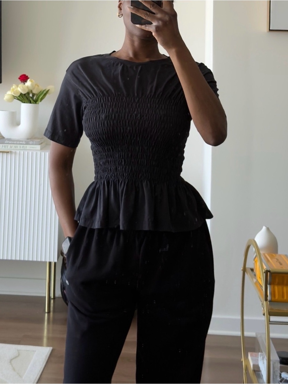 Black Smocked T-Shirt, featuring a fitted smocked bodice and a playful hem - Picture 2 of 5